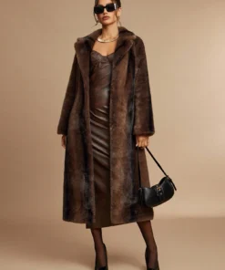 Women's Dark Brown Faux Fur Coat,Winter Elegant Night Out Oversized Long Sleeve Jacket,Luxury Solid Color Puffy Vertical Bubble Warm Plush Outerwear