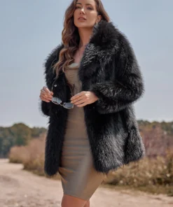 Lapel Neck Slant Pockets Fuzzy Coat Black Winter