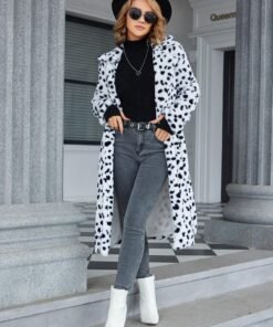 Dalmatian Print Open Front Fuzzy Coat Casual Winter