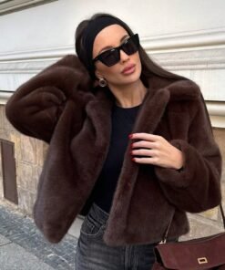 Women Casual Cropped Faux Fur Lapel Jacket Winter Fashion Shaggy Long Sleeve Warm Coat With Pockets