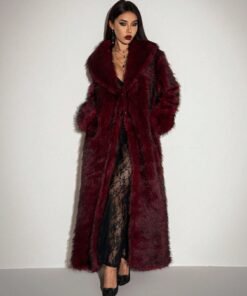 Women's Halloween Burgundy Gothic Party Fashionable Long Faux Fur Coat, Winter Coat Fur Coat Teddy Coat,Fall