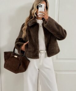 Women's Fashionable Faux Fur Pocket Short Coat, AutumnWinter,Fall,Fall Clothes For Women,Women's Winter Clothes