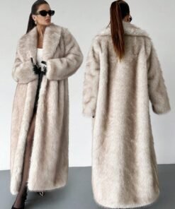Women's Elegent Beige Faux Fur Long Coat,Winter Warm Plush Fluffy Jacket With Pocket,Evening Old Money Style Lapel Collar Shaggy Oversized Outerwear